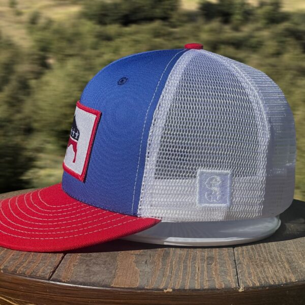 "American Bison Snapback Hat in Red, White, and Blue. Striking royal blue color, adjustable snapback closure, embroidered majestic bison patch."