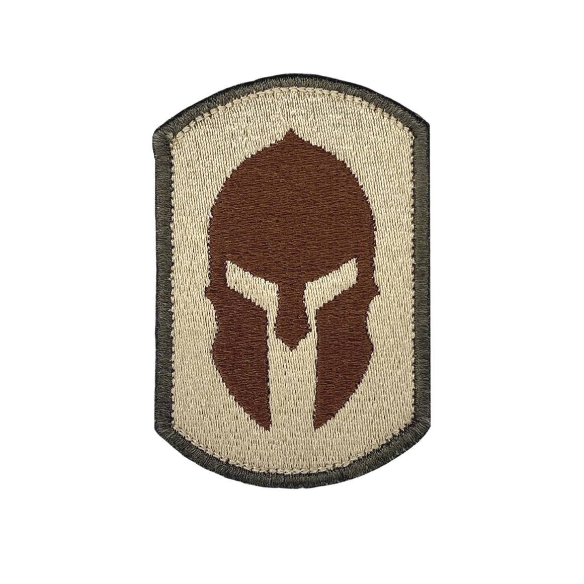 Molon Labe Spartan Hook and Loop patch. 100% embroidered. 2 inches wide, 3 inches tall. The spartan helmet is brown with a khaki background and olive drab border. Great for backpacks, hats, gun bags, plate carriers, dog vests, and more. Made in USA.