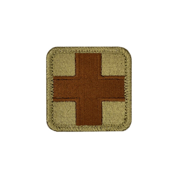 Embroidered bagby green and spice brown medical patch with a 2x2 inch size and hook backing.