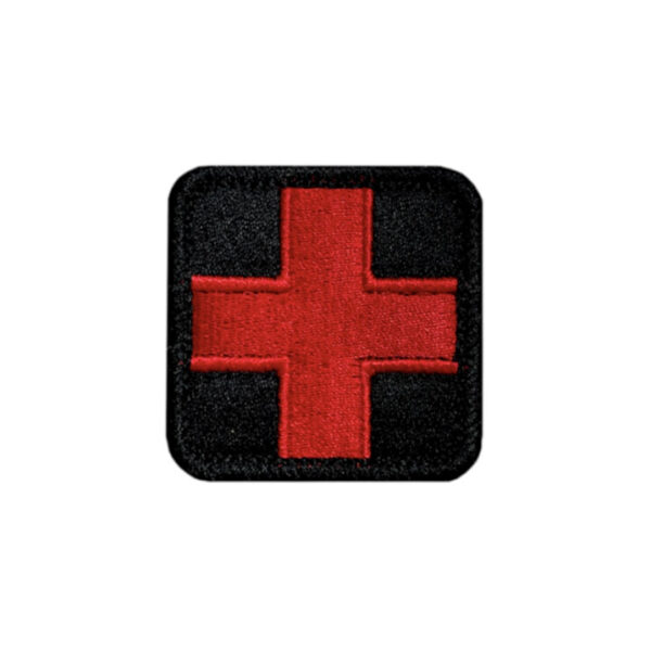 Embroidered black and red medical patch with a 2x2 inch size and hook backing.