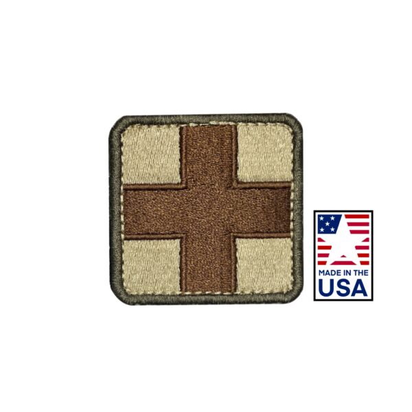 2X2 Embroidered Medic velcro Patch with a brown cross and a khaki background. multicam Made in USA