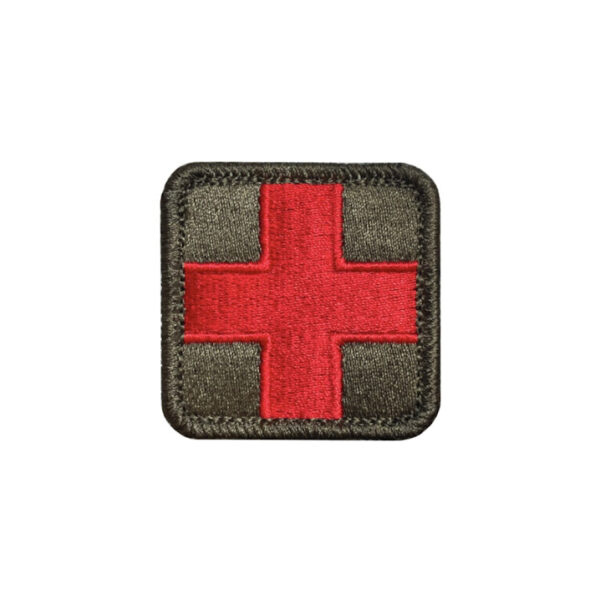 Embroidered olive drab and red medical patch with a 2x2 inch size and hook backing.