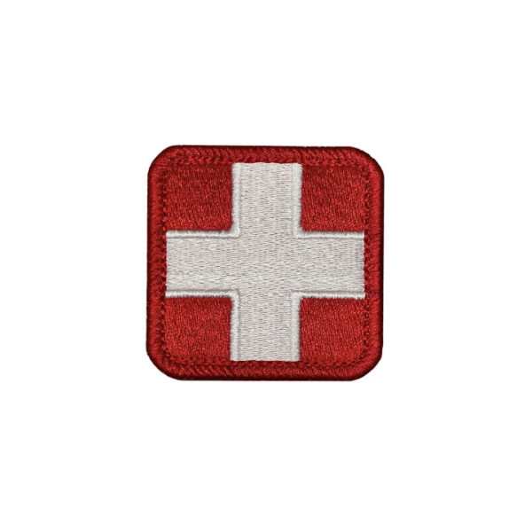 Embroidered red and white medical patch with a 2x2 inch size and hook backing.