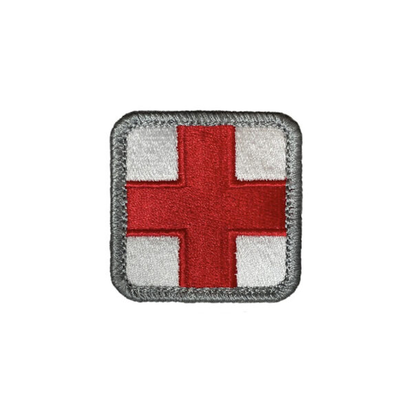 Embroidered white and red medical patch with a 2x2 inch size and hook backing.