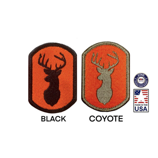 3 x 2 embroidered patch with deer on it in blaze orange. Velcro back for hunting gear.