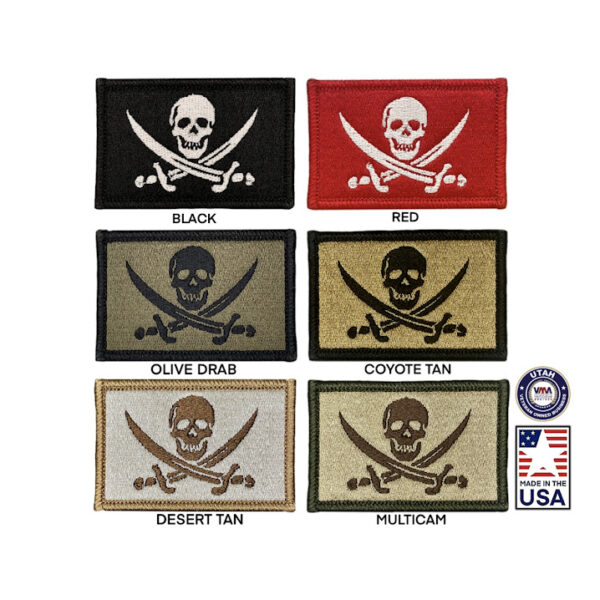 Calico Jack Rackham jolly roger pirate flag. 2x3 inch morale badge velcro tactical hook and loop. Made in USA