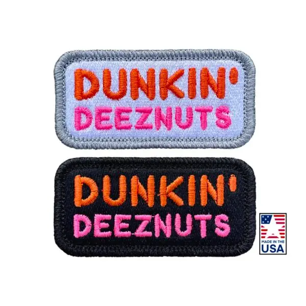 Vibrant 1.5x3 inch Dunkin' Deeznutz Morale Patch with hook and loop back, showcasing humorous design - ideal for backpack customization.