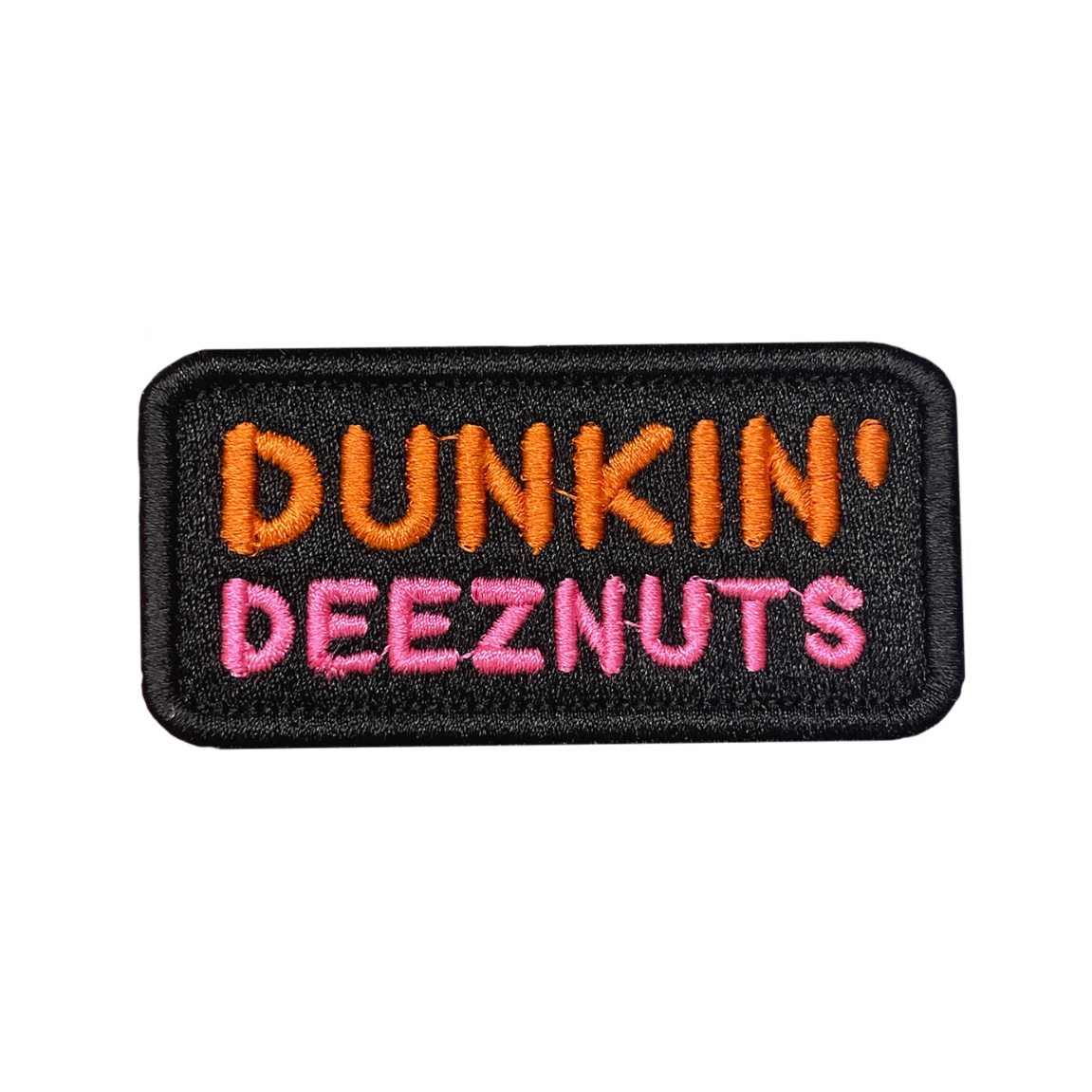 Vibrant 1.5x3 inch Dunkin' Deeznutz Morale Patch with hook and loop back, showcasing humorous design - ideal for backpack customization.