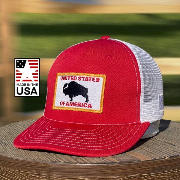 Red American Bison Snapback Hat: Elevate casual style with precision-crafted olive drab design, breathable mesh, and iconic bison patch. USA-made excellence.