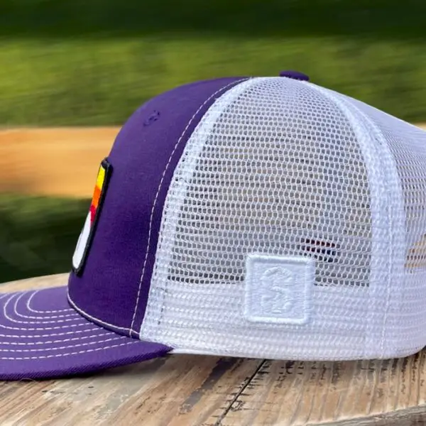 Image of a Purple Snapback Cap with American Bison Sunset Patch. USA-made, athletic fit, adjustable, perfect for active and patriotic styles.