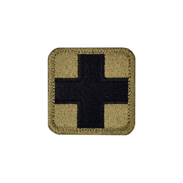 Embroidered bagby green and black medical patch with a 2x2 inch size and hook backing.