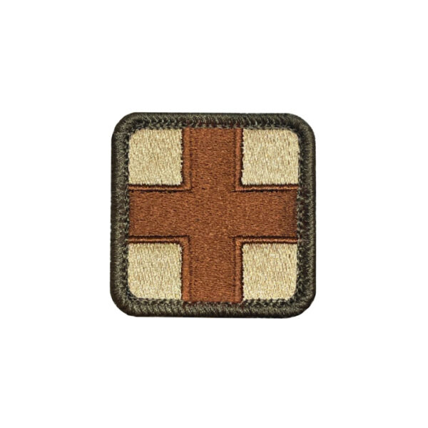 Embroidered multicam medical patch with a 2x2 inch size and hook backing.